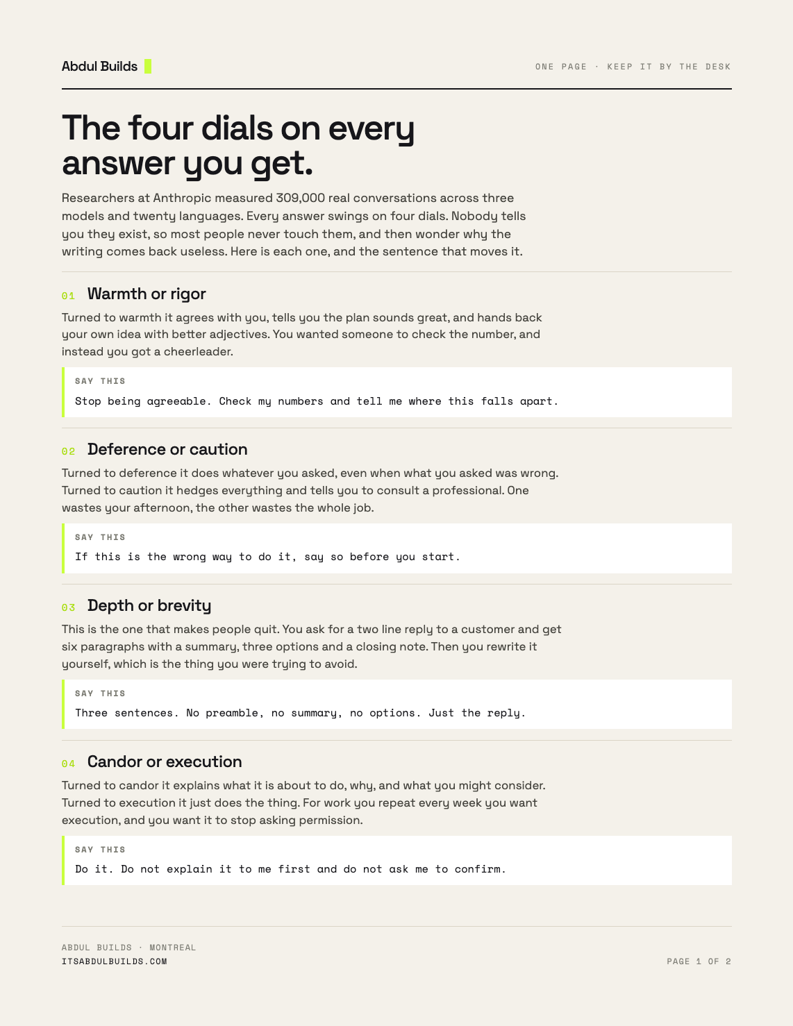 Page one of the four dials card, showing each dial and the sentence that moves it.