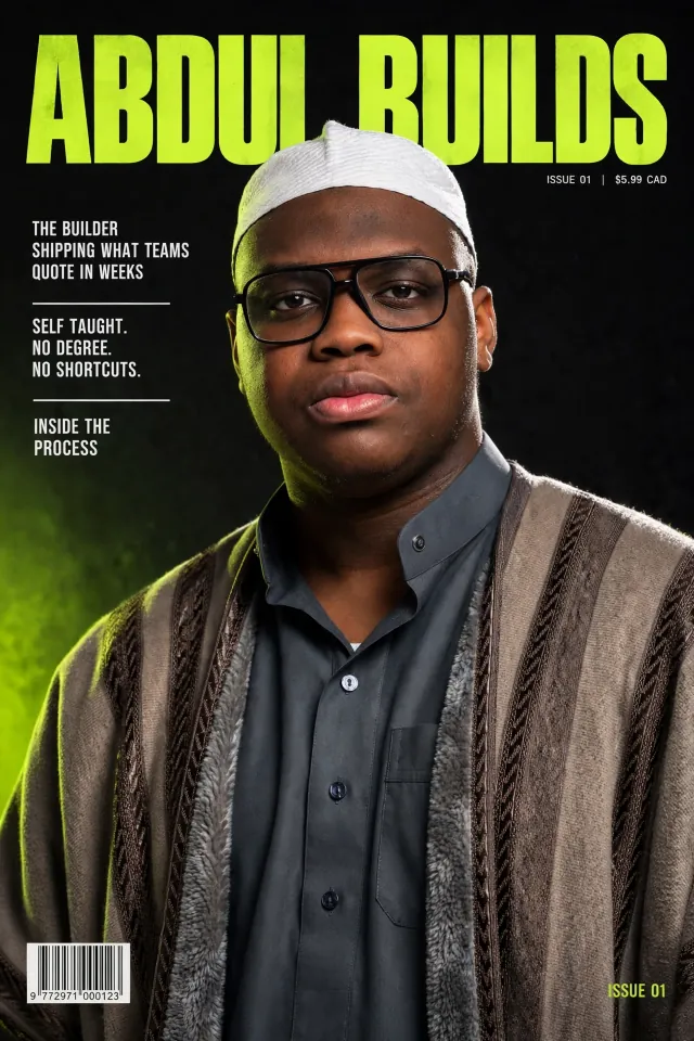 ABDUL BUILDS magazine cover, issue 01: Abdul facing the camera in a white kufi and glasses, lit in neon lime.