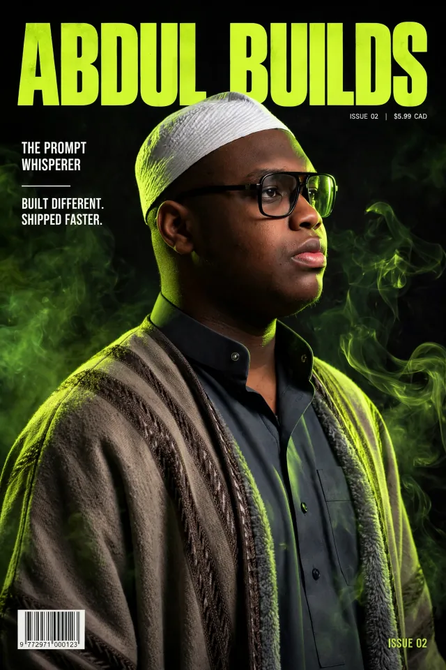 ABDUL BUILDS magazine cover, issue 02: Abdul in side profile with green smoke behind him.