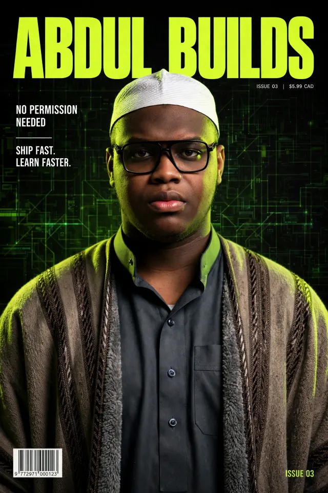 ABDUL BUILDS magazine cover, issue 03: Abdul in front of a green circuit board pattern.