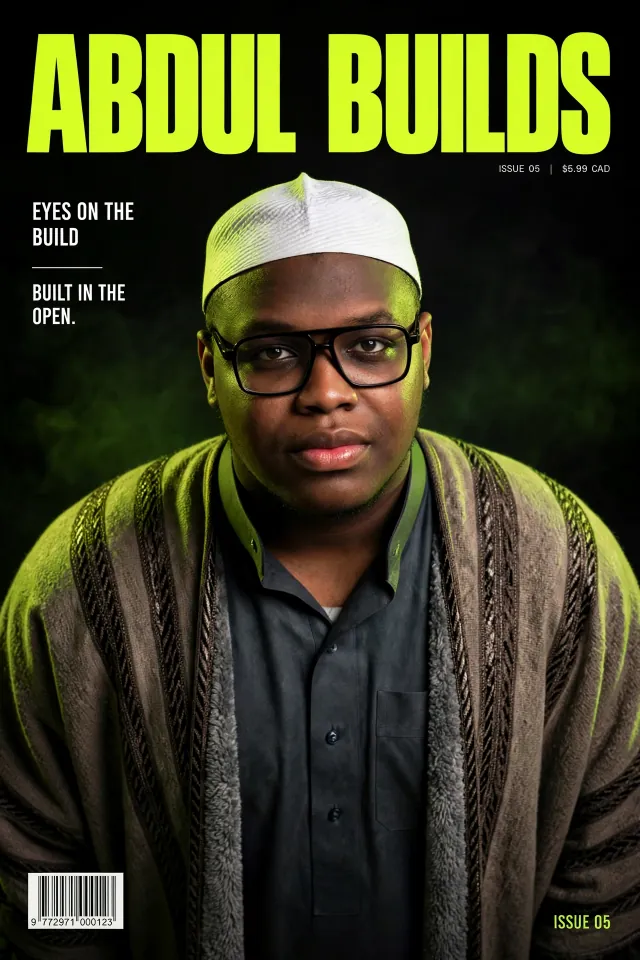 ABDUL BUILDS magazine cover, issue 05: Abdul facing the camera in soft lime light.